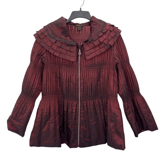 Jerry T Womens Pleated Burgundy Jacket With Unique Collar & Flared Sleeves Size - Picture 11 of 12